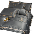 Luxury Logo embroidery solid Washed silk bedding set